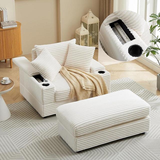 Olodumare Modern Minimalist Single Sofa with Storage Armrest and Cupholders, Deep Seat Couch, Corduroy Sectional Sofa Couch with Pillows and Ottoman for Living Room Apartment, Small Space, Beige