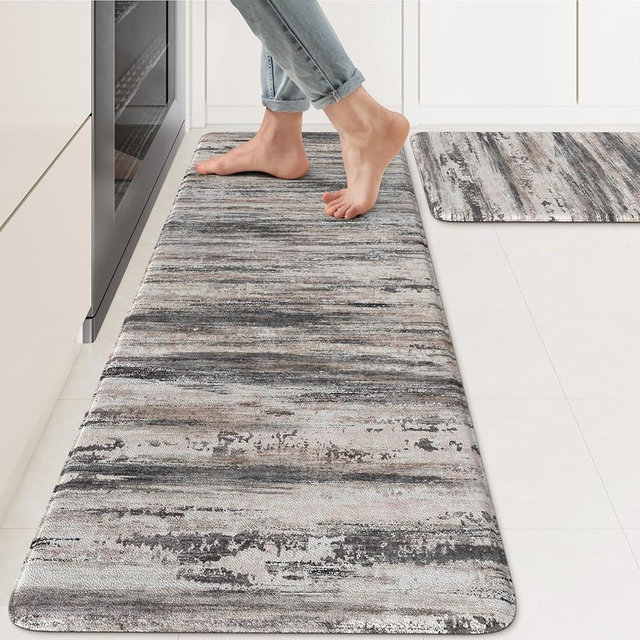 KIMODE Anti Fatigue Kitchen Mats for Floor 17"x47"+17"x29", Abstract Farmhouse Kitchen Rugs, Non Slip Waterproof Kitchen Floor Mats, Comfort Standing Mats for Laundry Office Sink Desk Black Grey