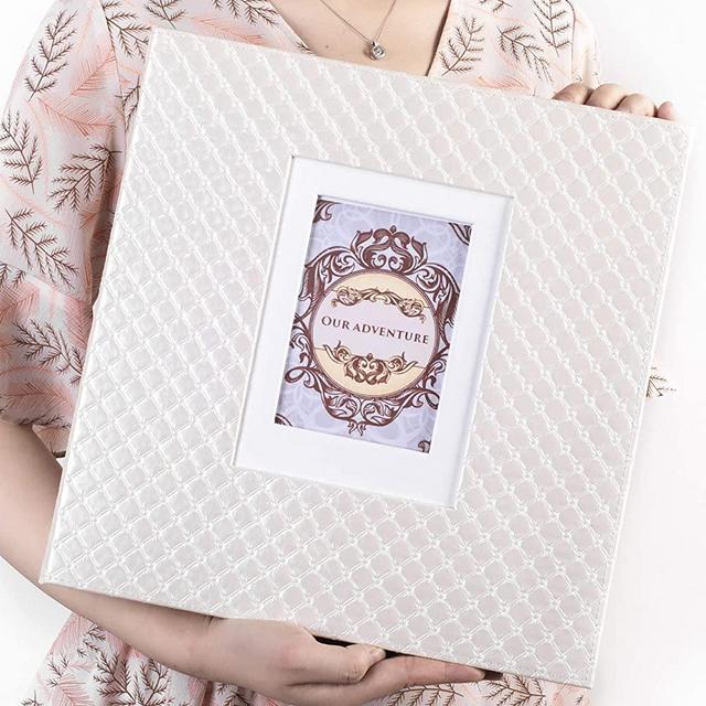 Self Adhesive Photo Album Scrapbook Large Sticky Pages 4x6 5x7 8x10 Fit Any Size of Photos Stamps Tickets with DIY Cut-Out Window Beige 30 Sheets-White