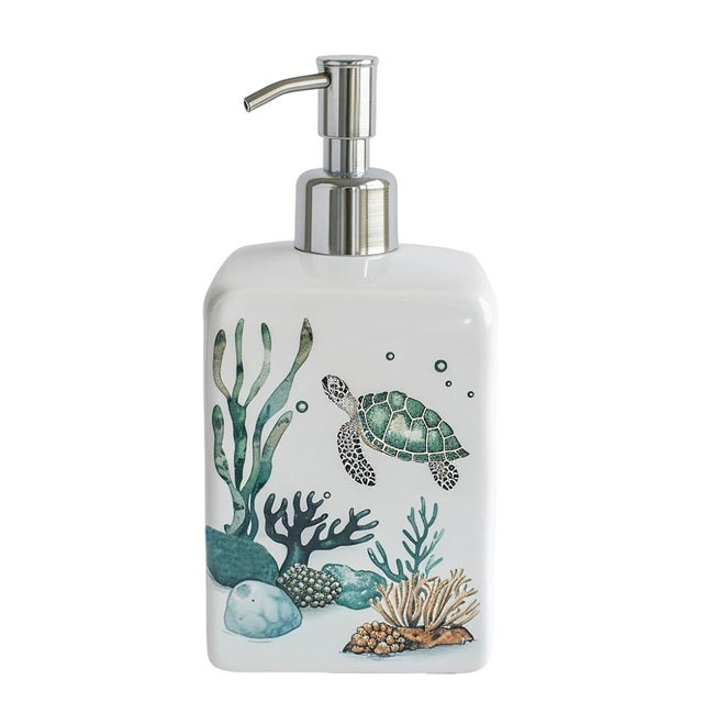 CHOOLD Ceramic Sea Turtle and Sea Grass Dispenser with Plastic Pump, Refillable Lotion Soap Container, Lotion Bottle, Hand Soap Dispenser