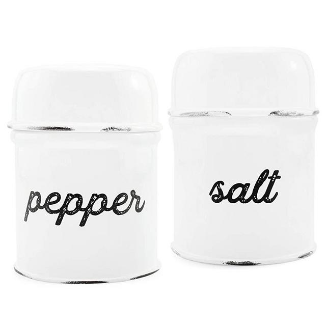 AuldHome Salt and Pepper Shaker Set; Rustic White Enamelware Retro Vintage Style Shaker Set