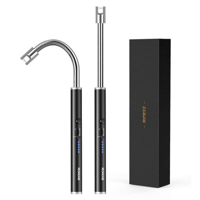 RONXS Candle Lighters, Long Electric Lighter Rechargeable USB Lighter with LED Battery Display, Flexible Neck Plasma Arc Lighter for Fireworks Gas Stove BBQ (Black & Black)
