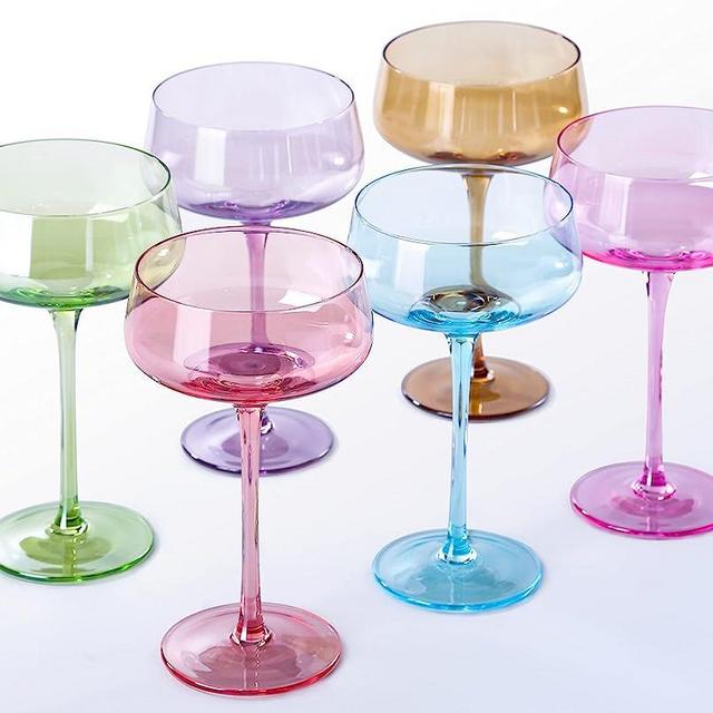 Physkoa Colored Coupe Glasses Set of 6-8 oz martini Cocktail Glassware for Champagne, Martini, Manhattan, Cosmopolitan, Crystal Speakeasy Style Goblets Stems, Elegantly Color (Multicolor)