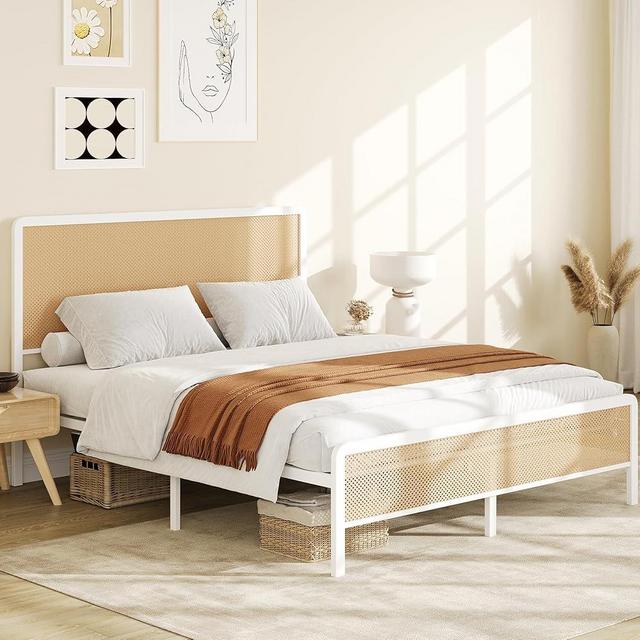 GAOMON Queen Size Rattan Bed Frame with Headboard, Modern Style Cane Boho Bed Frames with Heavy Duty Sturdy Steel Slat Support, No Box Spring Needed, White