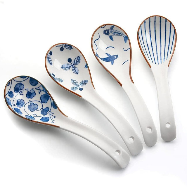Porcelain Soup Spoons, 6.2 inch Asian Soup Spoons, Ramen spoons, Japanese soup spoons for Pho, Wonton, Noodles, Chinese Ceramic Rice Spoons, Set of 4