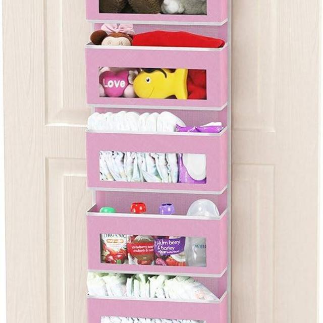 Simple Houseware Over Door/Wall Mount 6 Clear Window Pocket Organizer, Pink