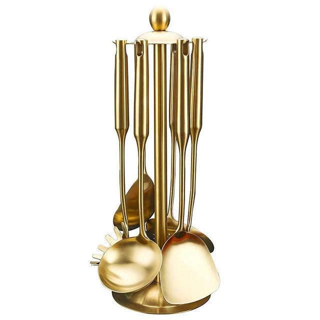 18/8 Stainless Steel Cooking Utensils Set,7 PC Gold Kitchen Utensils Set with Utensil Holder,Spatula Turner, Spatula,Serving Spoon,Soup Ladle,Strainer Skimmer Spoon and Spaghetti Server