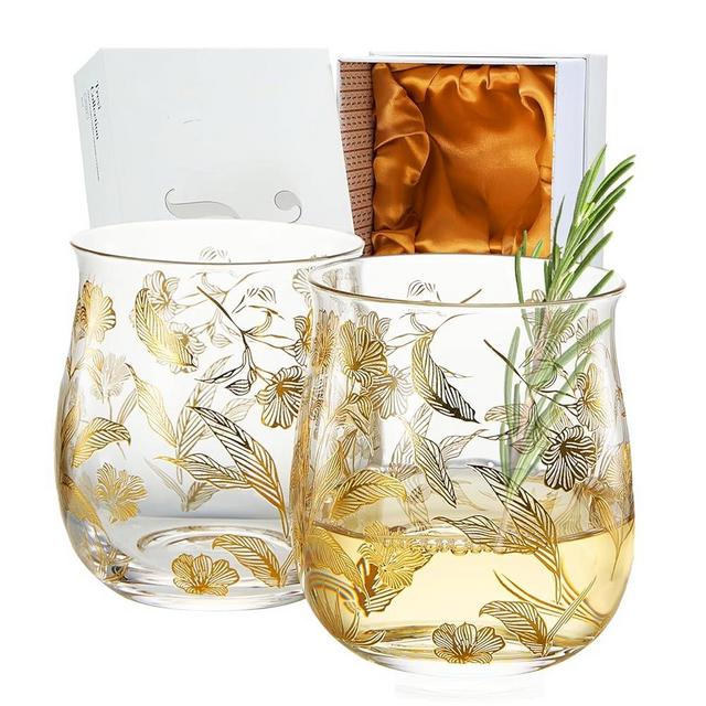 Vintage Gold Floral Decal Stemless Wine Glass - Tumbler | Set of 2 | 12 OZ, Golden Flower Etched Design, Cocktail Glassware - Wine, Manhattan, Champagne, Gin & Tonic, Regal Vine Leaf Design, Gifts