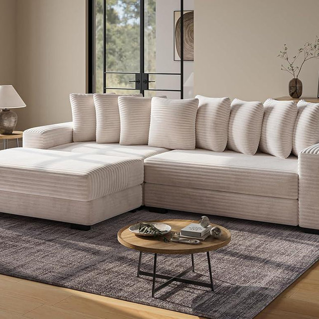 ohllob 110" Modular Sectional Sofa, L Shaped Couch with Chaise Lounge, Fluffy Corduroy Cloud Couch with Deep Seat for Living Room (Beige)