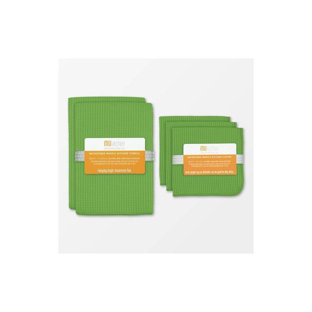 Set of 5 Ultra Absorbent Microfiber Waffle Kitchen Towel And Dish Cloth Set Green - MU Kitchen