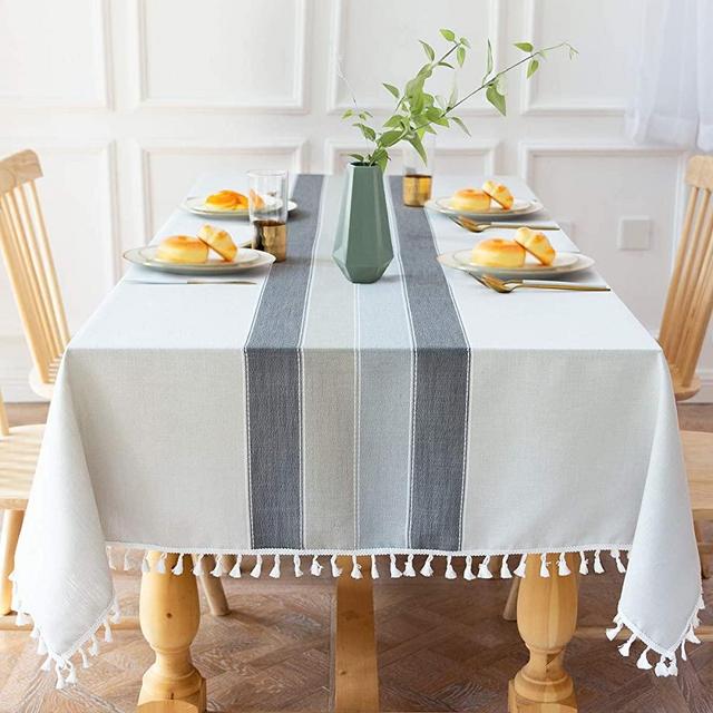 Aitsite Tablecloth Stitching Tassel Cotton Linen Tablecloth Wrinkle Free Dust-Proof Table Cover for Kitchen Dining Room Home Tabletop Decoration(Rectangle,55’x 86’inch)