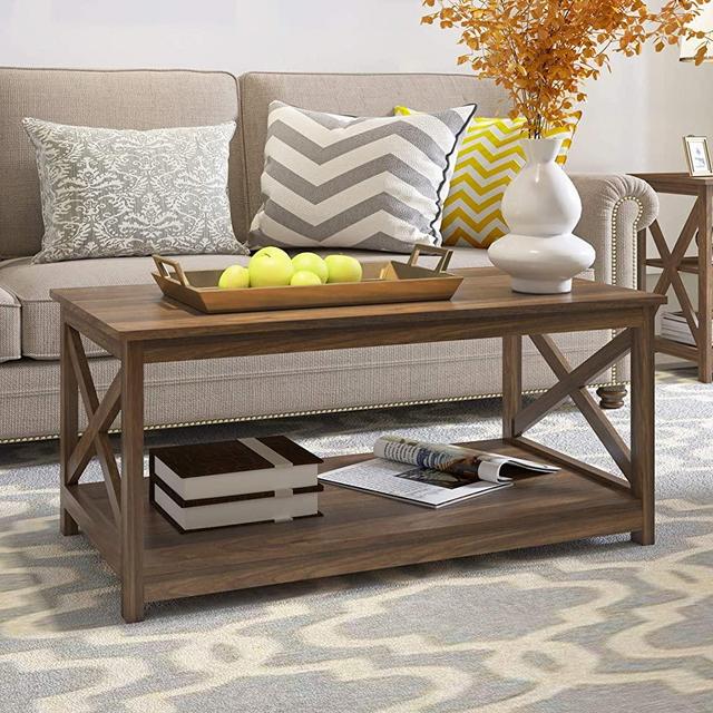 Farmhouse Modern Wood Coffee Table with 2-Tier Shelf Storage, Accent Furniture for Living Room (Dark Walnut)