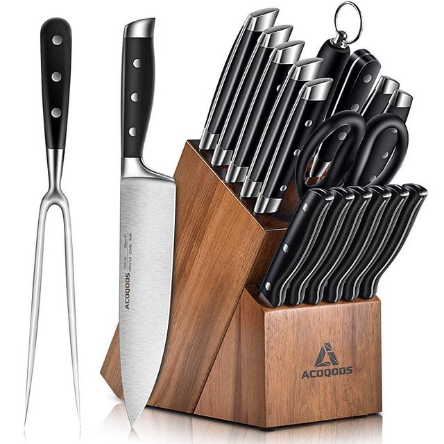 Acoqoos Kitchen Knife Set, 17-Piece Knife Block Set with Boning Knife and Carving Fork, German Stainless Steel, Full-Tang Design