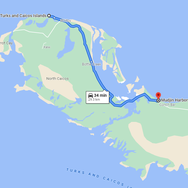 Approximate map from the wedding villa to Mudjin Bar & Grill, where the cocktail hour on Saturday, April 9th will take place.