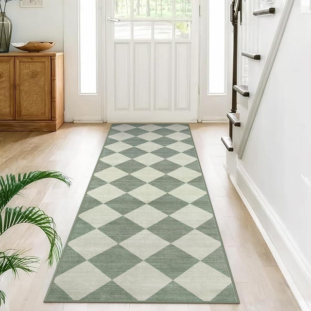 Beeiva Checkered Runners for Hallways Non Slip 2.5x12, Green Ultra Thin Washable Runner Rug Neutral Long Rugs for Hallway, Moroccan Print Distressed Floor Carpet for Kitchen 12ft
