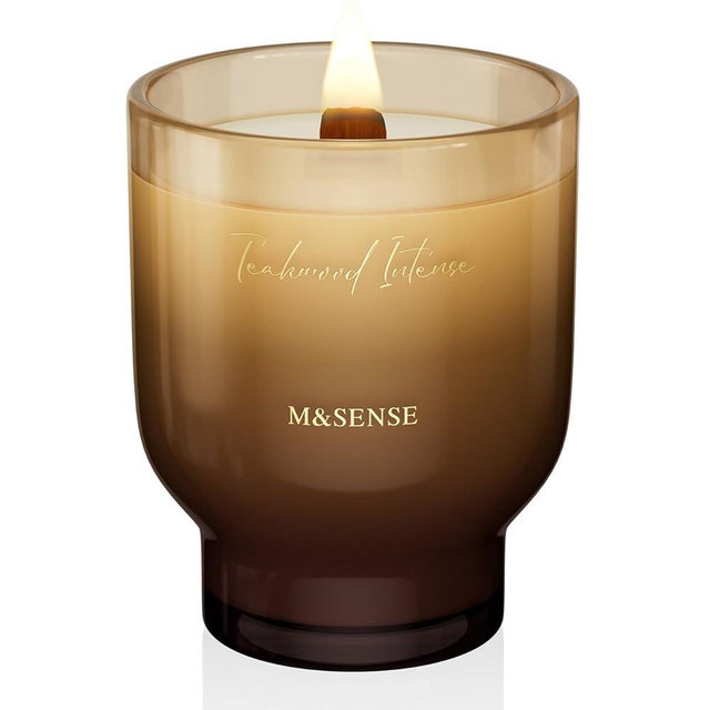M&SENSE 16.6oz Natural Soy Large Jar Candle with Wooden Wick | Teakwood Intense Scent | 95-Hour Burn & Long-Lasting Burn | Candle Gift for Him
