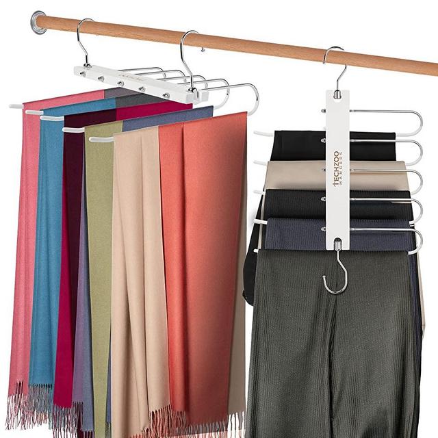 2 Pack Pants Hangers Space Saving Wood Scarf Hanger Great for Small Spaces Closet Organizer Clothes Organization Perfect for Jeans, Tie, Trousers, Scarves Hangers White Color - Techzoo