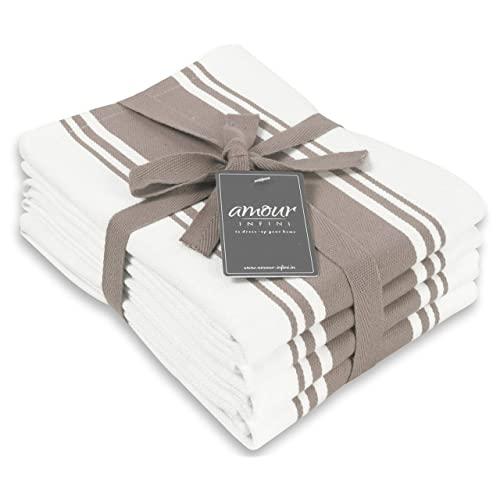 AMOUR INFINI Classic Stripe Kitchen Dish Towels | 4 Pack | 28 x 20 Inch, Over Sized | Multi-use Kitchen Towels |100% Ring Spun Premium Cotton | Highly Absorbent Tea Towels | Beige