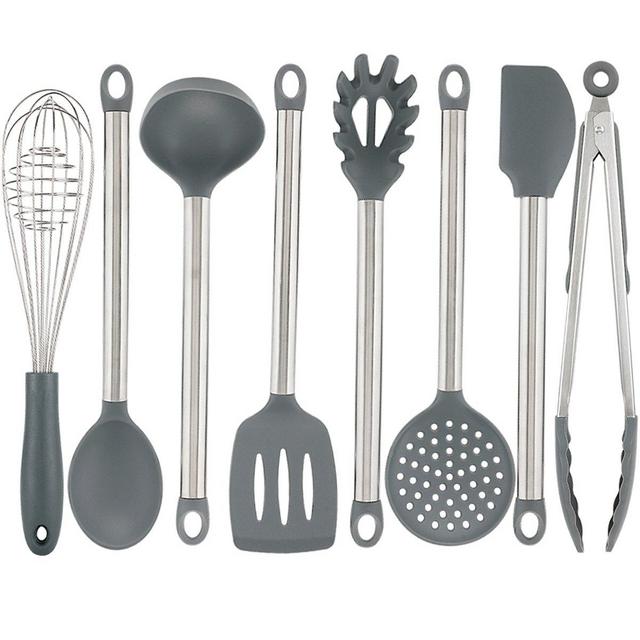 Vasdoo Silicone Kitchen Utensil Set,8 Pieces Cooking Utensil Set, Nonstick Kitchen Tools and Gadgets with Stainless steel Handle