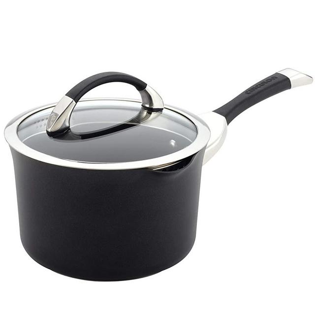 Circulon 83483 Symmetry Hard Anodized Nonstick Sauce Pan/Saucepan with Straining and Lid, 3.5 Quart, Black