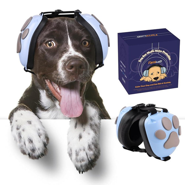 Famikako Upgraded Dog Ear Muffs for Noise Protection - 22dB NRR Noise Cancelling Headphones with Dog Paw Design, Calming Earmuffs for Thunder, Fireworks & Hunting (L, Light Blue-Gray)
