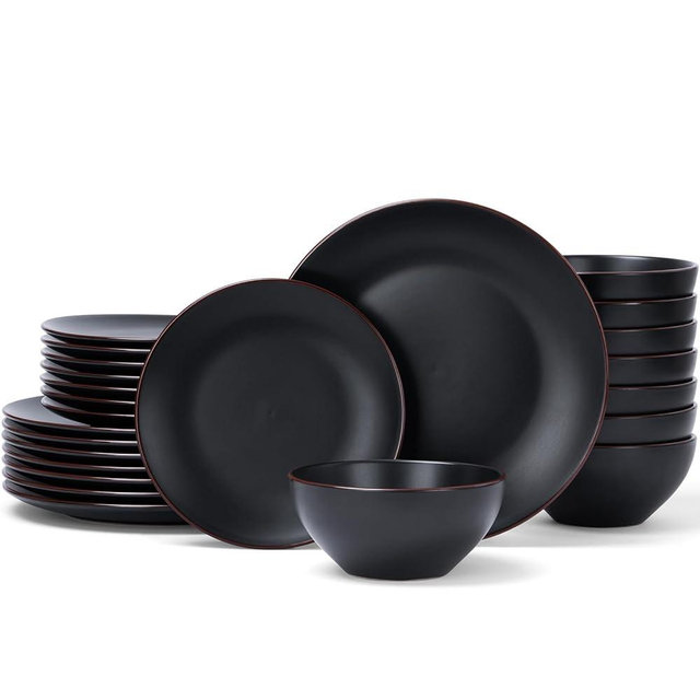 Famiware Venus Ceramic Plates and Bowls Sets, Dinnerware Dish Sets for 8 (24 Pieces) - Microwave and Dishwasher Safe, Matte Black