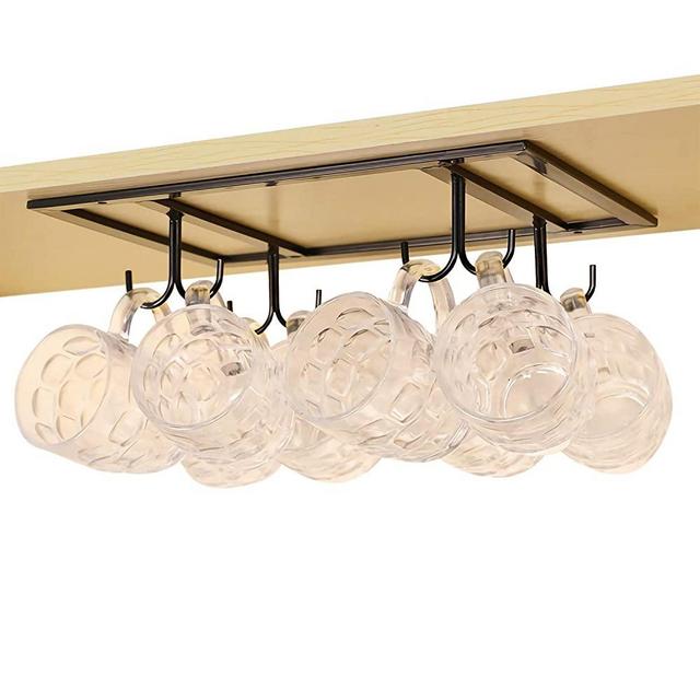 GeLive Under Cabinet Mug Holder 8 Hook Drying Rack Coffee Mugs Cups Hanger Stylish Storage Organizer for Ties and Belts (Black, 1 Pack)