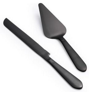 Wedding Cake Knife and Server Set, Integral Stainless Steel Longer Cake Cutter and Wider Pie Spatula, Elegant Cake Cutting Serving Set for Party Birthday Christmas Bridal Shower Set of 2, Matte Black