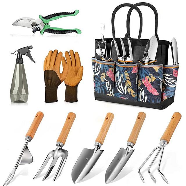 Grenebo Gardening Tools 9-Piece Heavy Duty Gardening Hand Tools with Fashion and Durable Garden Tools Organizer Handbag,Rust-Proof Garden Tool Set, Ideal Gardening Gifts for Women (Black)