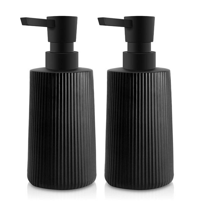 DUMUTRIJIN 2 Pack Glass Small Soap Dispenser for Bathroom and Kitchen 250ml/8.5oz Dish Soap Dispenser Modern Farmhouse Striped Style Hand Soap Dish Soap Dispenser with Pump (Black)