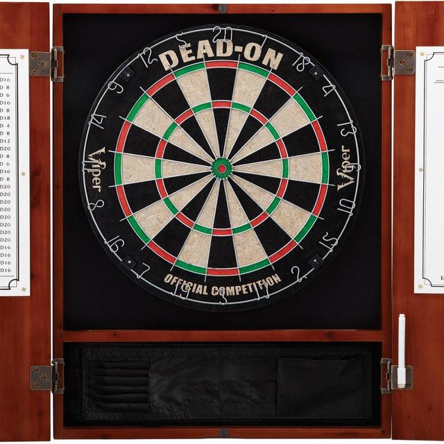 Viper Metropolitan Solid Wood Cabinet Sisal/Bristle Dartboard Ready-to-Play Bundle with Steel-Tip Darts, Integrated Storage, Dry Erase Scoreboard Out-Chart in Multiple Stain Options