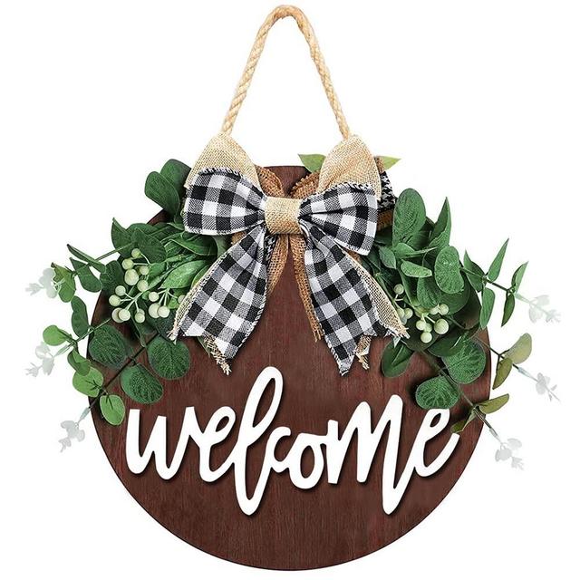 Welcome Sign for Front Door, Front Door Decor for Farmhouse Porch Decorations, Rustic Welcome Wreaths Sign with Stapled Greenery, Round Wooden Hanging Sign Housewarming Gift for Home Outdoor Indoor