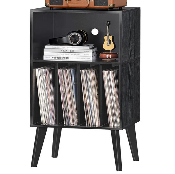 Lerliuo Record Player Stand, Black Turntable Stand Holds up to 160 Albums, Mid-Century Vinyl Storage Cabinet Table with Solid Wood Legs, Record Player Holder Dispaly Shelf for Bedroom Living Room