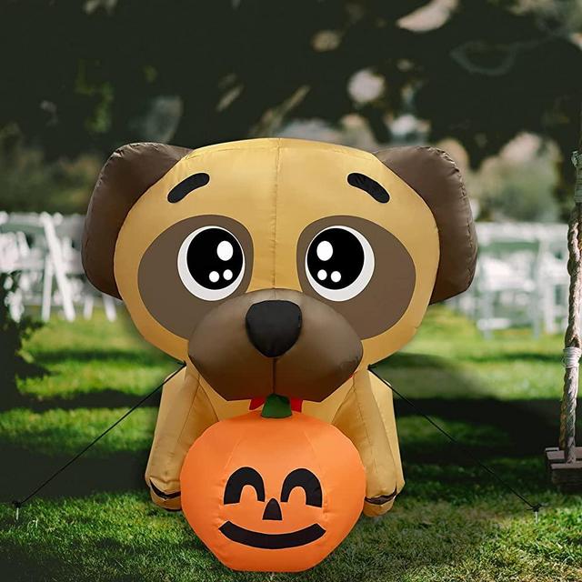 COMIN Halloween Inflatable 4FT Pug Dog Holding Pumpkin with Built-in LEDs Blow Up Yard Decoration for Holiday Party Indoor, Outdoor, Yard, Garden, Lawn