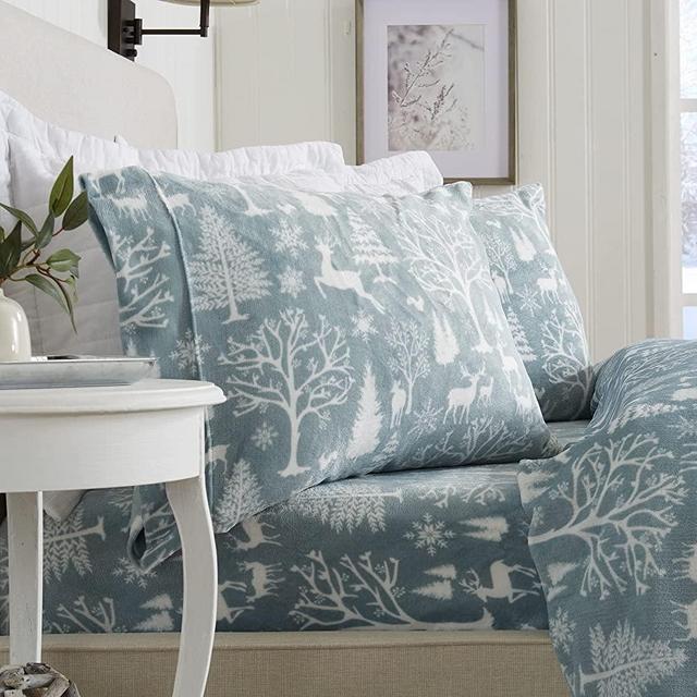 Extra Soft Cozy Velvet Plush Printed Sheet Set. Deluxe Bed Sheets with Deep Pockets. Velvet Luxe Collection (Queen, Enchanted Woods - Blue)
