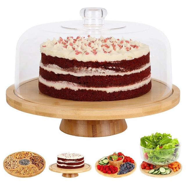 6 in 1 Large Bamboo Wood Cake Stand with Lid - Multiuse Wooden Cake Stand with Dome Acrylic Cake Cover/Cake Dome - Cake Holder With Lid - Acrylic Cake Stand Dome & Bamboo Base Punch Bowl - Cake Stands