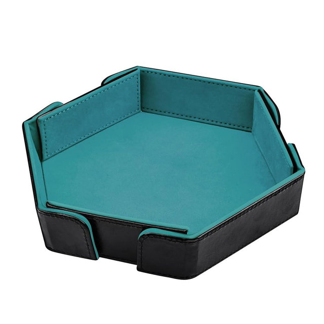 SIQUK Magnetic Folding Dice Tray Hexagon Dice Rolling Tray PU Leather Dice Trays Foldable Dice Holder Dice Rolling Mat Storage Box for D&D RPG Dice Games, Cyan