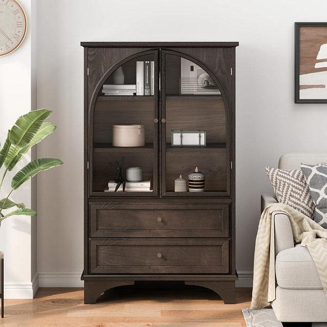 QVUUOU Glass Door Display Cabinet, 52.17" H Storage Case with 2 Drawers & Adjustable Shelf, Curio Cabinet for Living Room, Bedroom, Office (Brown)