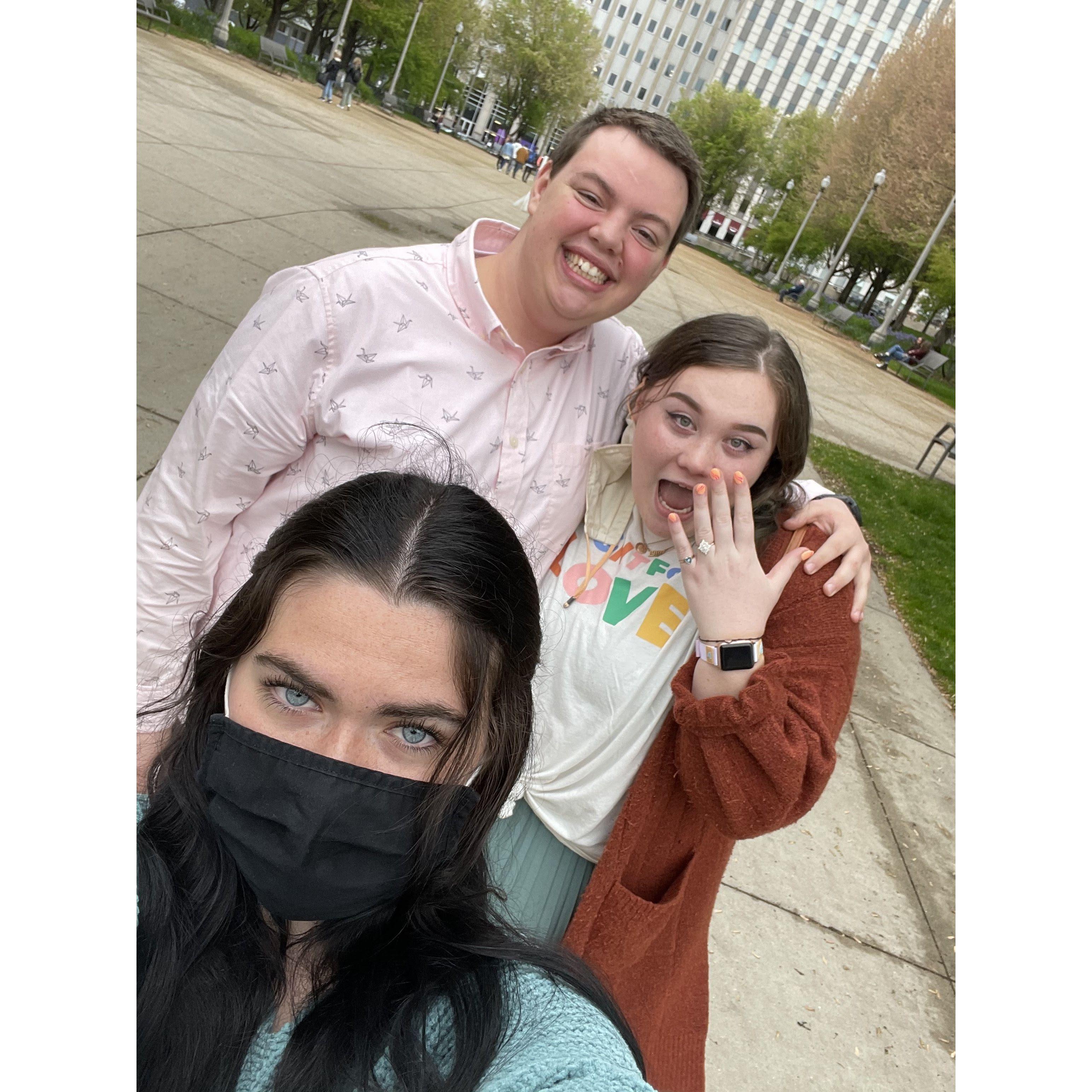 Moments after Garrett proposed in Millenium Park, Chicago! Brianna and the girls surprised Lauren.