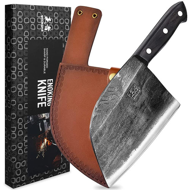 ENOKING Serbian Chef Knife Meat Cleaver Forged Butcher Knife with Full Tang Handle Leather Sheath Kitchen Knife for Kitchen, Camping, BBQ
