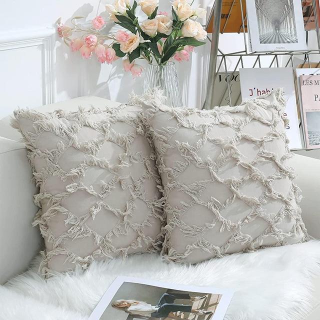 decorUhome Beige Decorative Pillow Covers 20 x 20 Inch Pack of 2 Boho Throw Pillow Covers for Sofa and Couch, 100% Cotton