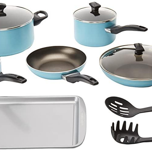 Farberware 21894 Dishwasher Safe Nonstick Cookware Pots and Pans Set, 15 Piece, Aqua