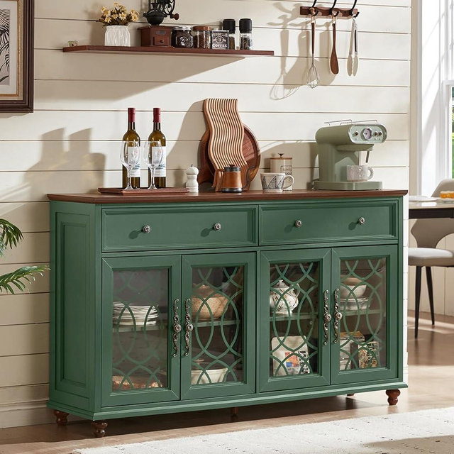 Joaxswe Farmhouse Sideboard Buffet Cabinet with Storage,Adjustable Shelves Console Table,59" Large Credenza with 4 Glass Doors & 2 Drawers,Wood Kitchen Coffee Bar for Dining Room,Living Room,Green