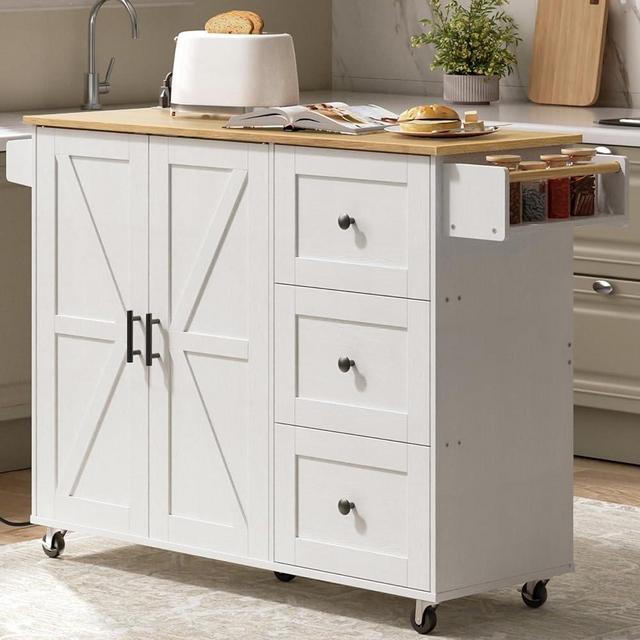 HOOBRO Kitchen Island with Power Outlet, Kitchen Island on Wheels, Rolling Kitchen Island Cart with 3 Drawers, Storage Cabinet and Adjustable Shelf, for Home and Kitchen, White and Natural WN15UZD01