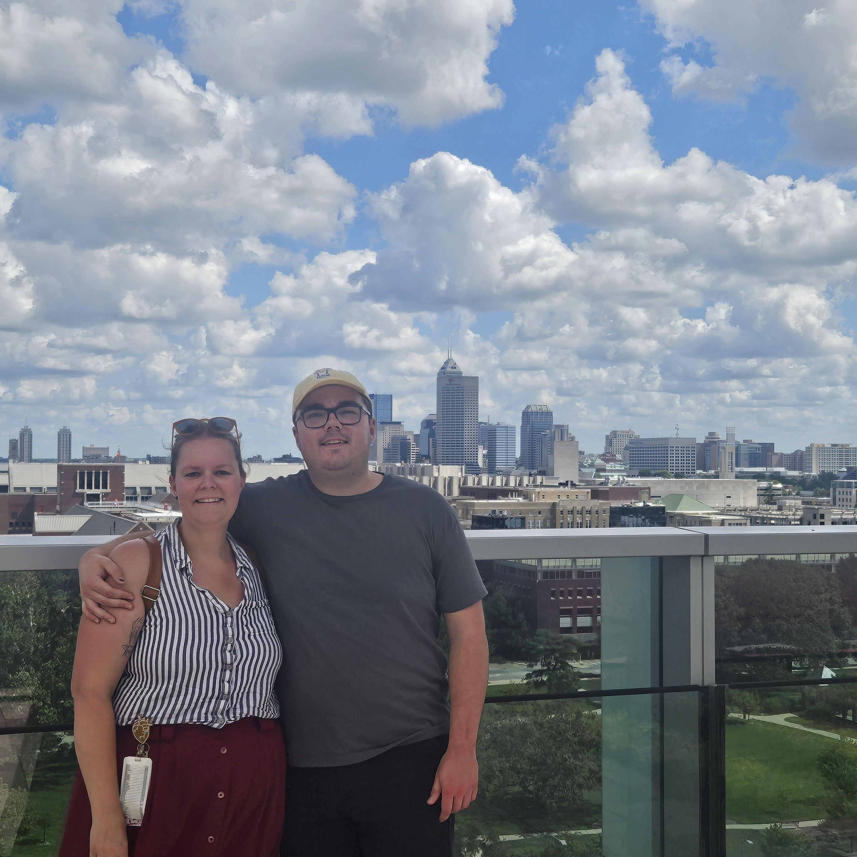 September 2023 taken by Jaryd's mom during a visit to Indy when Sarah snuck then up to the rooftop garden at the hospital she works at
