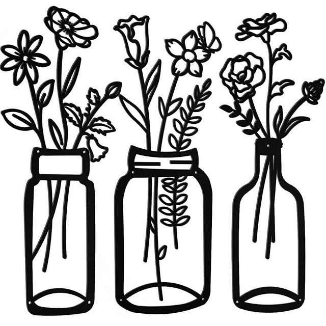 Set of 3 Metal Vase Flowers Wall Art Metal Flower Wall Art Wall Decor Hanging Iron Wall Sculptures Hanging for Home Bedroom Bathroom Kitchen Garden Outdoor and Indoor Housewarming Gift Large (Black)