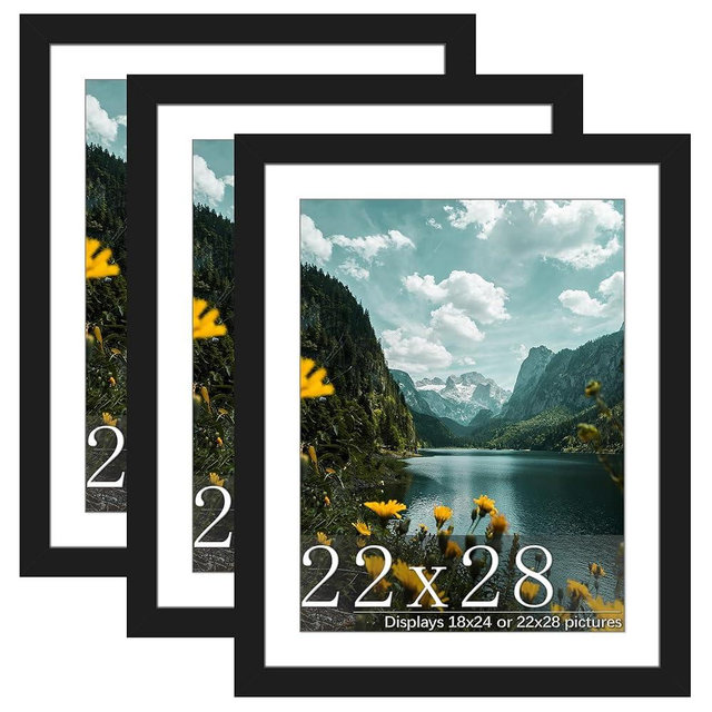 Picrit 22x28 Frame 3 Pack, Black Poster Frame, Display Poster 18 x 24 with Mat or 22 x 28 without Mat for Horizontal or Vertical Wall Mounting