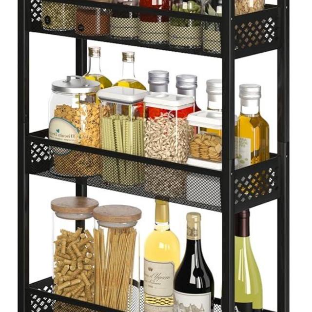 XYZLVSI Slim Storage Cart 4 Tier Narrow Kitchen Rolling Cart on Wheels for Small Space, Mobile Utility Cart Shelving Unit with Wooden Top and Metal Handle for Kitchen, Bathroom, Laundry Room