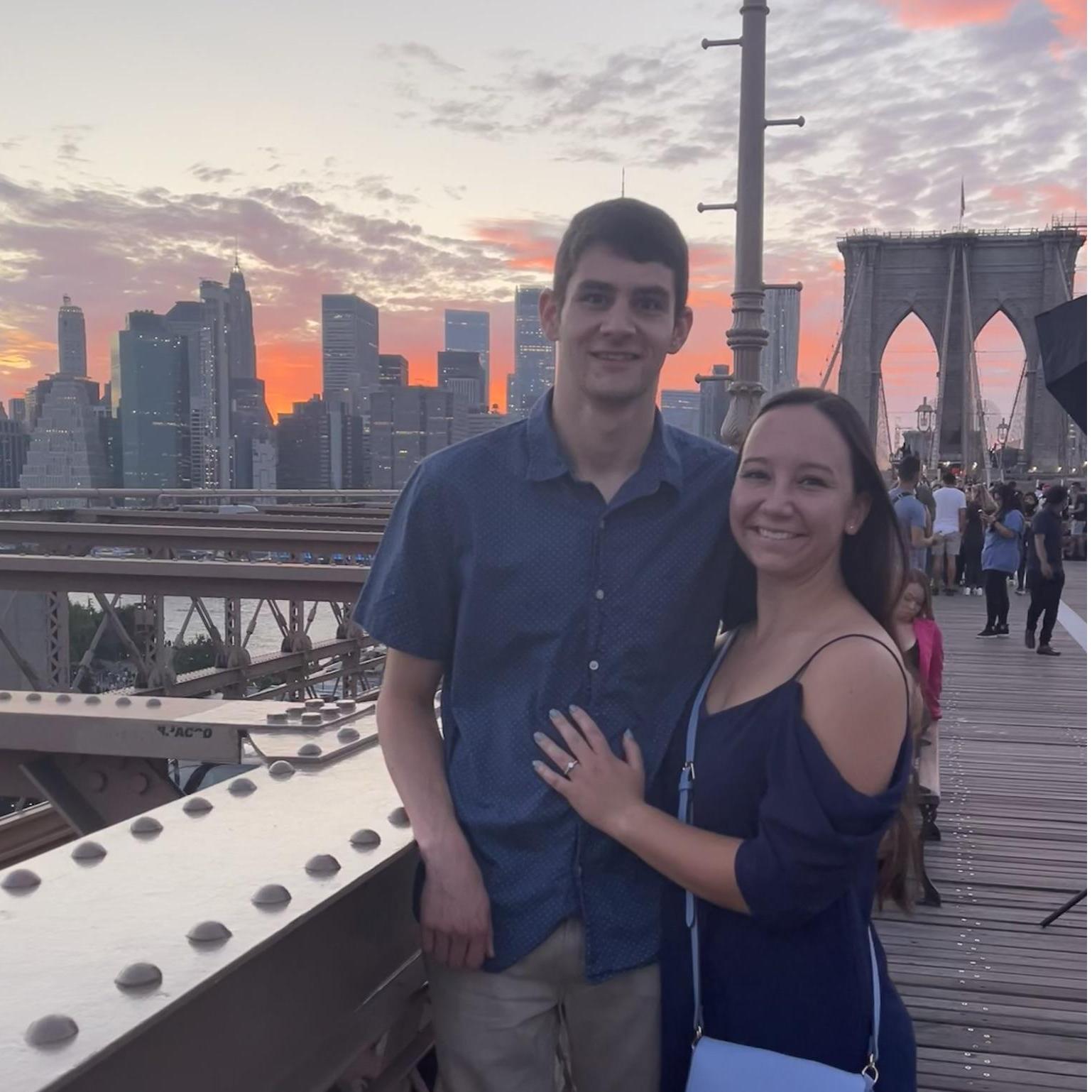 The Brooklyn Bridge at sunset, right after the proposal!