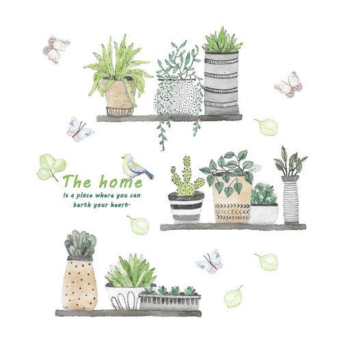 AkoaDa Cartoon Cactus Pot Green Plants Leaves Butterflies Pastoral Style Wall Stickers Wall Decal Removable Art Wall Decals for Bedroom Living Room Nursery Room Children Bedroom